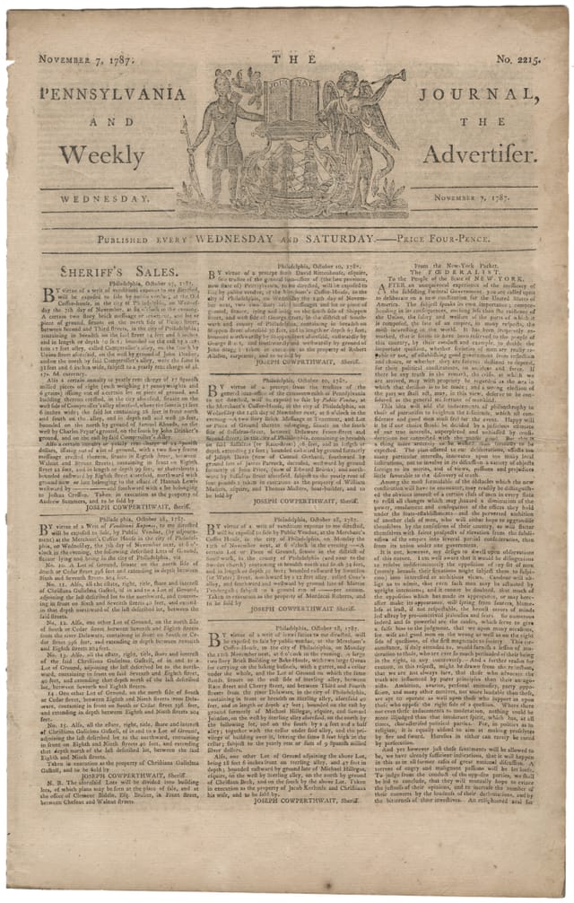 Front page of the Pennsylvania Journal and Weekly Advertiser of November 7, 1787, carrying Federalist No. 1 in its right-hand column