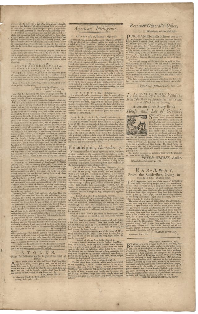 Page three of the Pennsylvania Journal of November 7, 1787