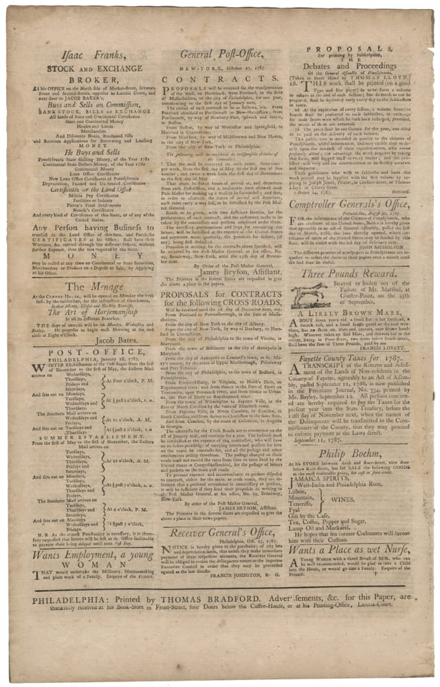 Back page of the Pennsylvania Journal of November 7, 1787, with advertisements and Thomas Bradford’s printer’s line