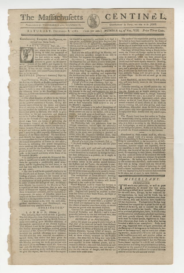 Front page of the Massachusetts Centinel of December 8, 1787