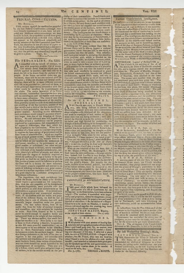 Page two of the Massachusetts Centinel of December 8, 1787, with Federalist No. 13 leading the first column under a Philo-Publius introduction