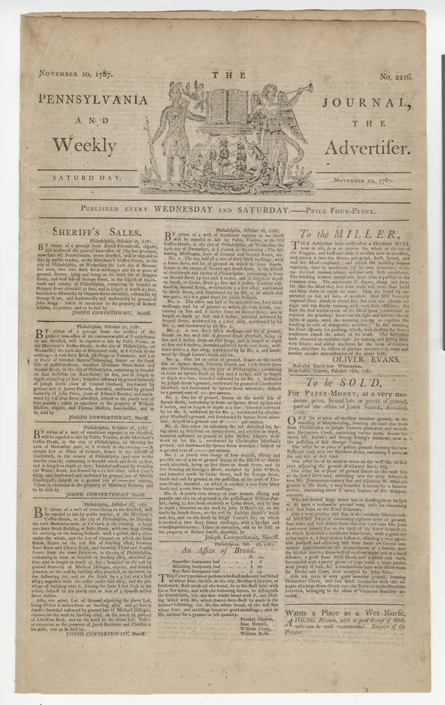 Front page of the Pennsylvania Journal and Weekly Advertiser of November 10, 1787