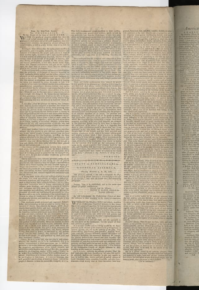 Page two of the Pennsylvania Journal of November 10, 1787, carrying Federalist No. 2 in its first two columns