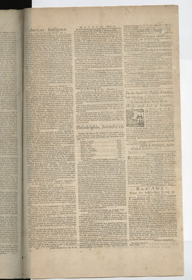 Page three of the Pennsylvania Journal of November 10, 1787