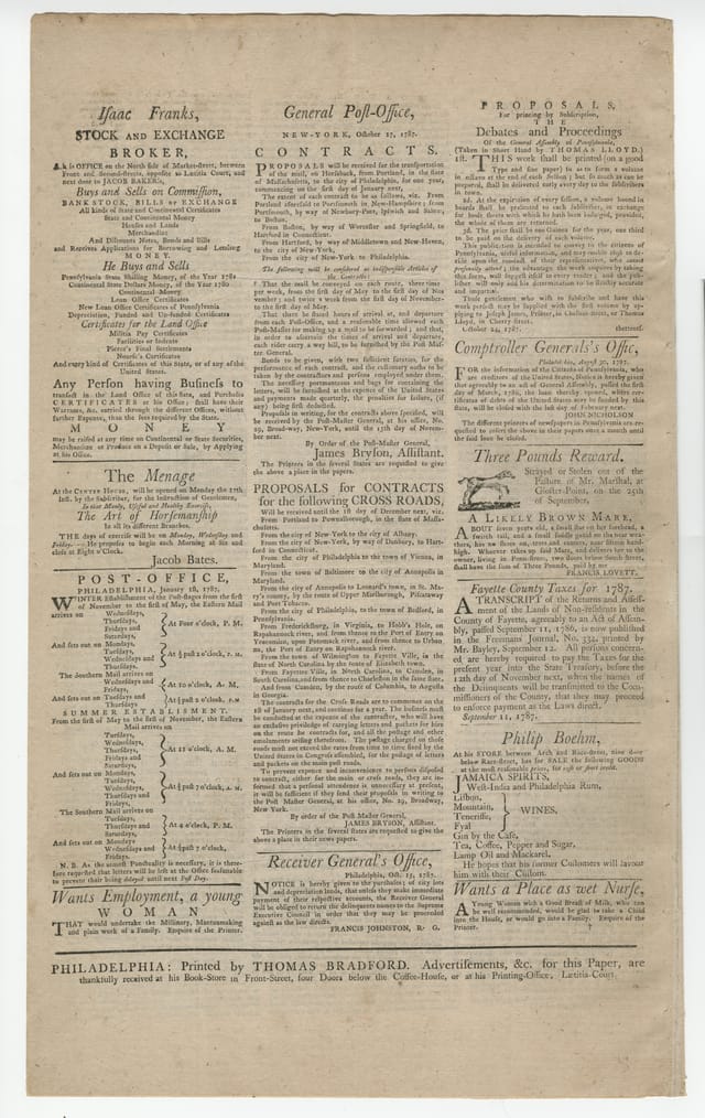 Back page of the Pennsylvania Journal of November 10, 1787, with advertisements and notices