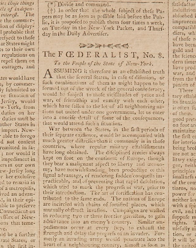 Detail of the New-York Packet of November 20, 1787, showing the heading of Federalist No. 8 beneath the printers’ note announcing publication four times a week