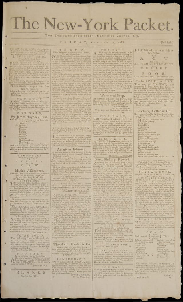 Front page of the New-York Packet of August 15, 1788
