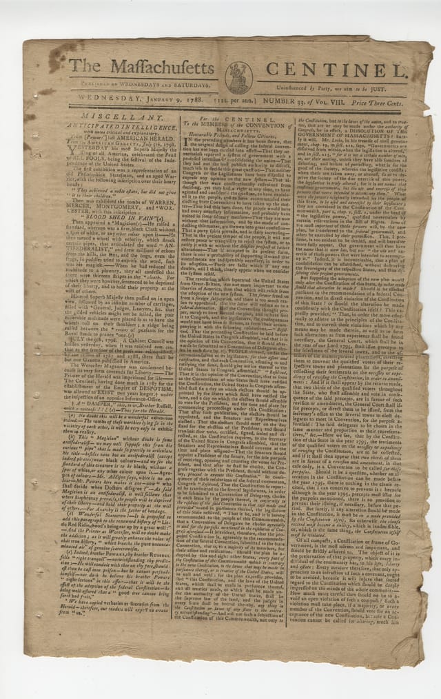 Front page of the Massachusetts Centinel of January 9, 1788, addressed to the members of the Massachusetts ratifying convention