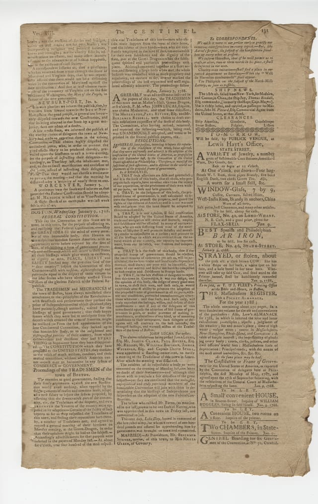 Page three of the Massachusetts Centinel of January 9, 1788