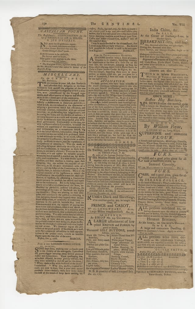 Back page of the Massachusetts Centinel of January 9, 1788