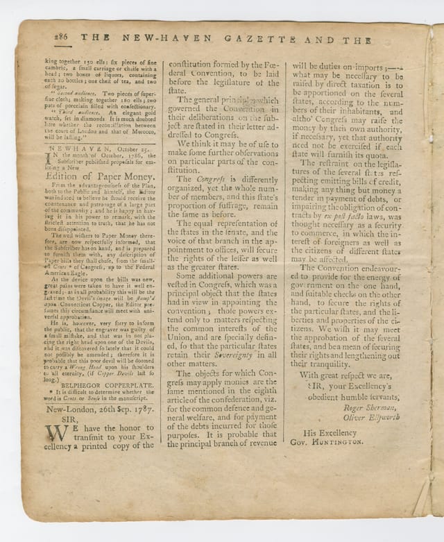 Page six of the New-Haven Gazette of October 25, 1787, with Roger Sherman and Oliver Ellsworth’s letter to Governor Huntington